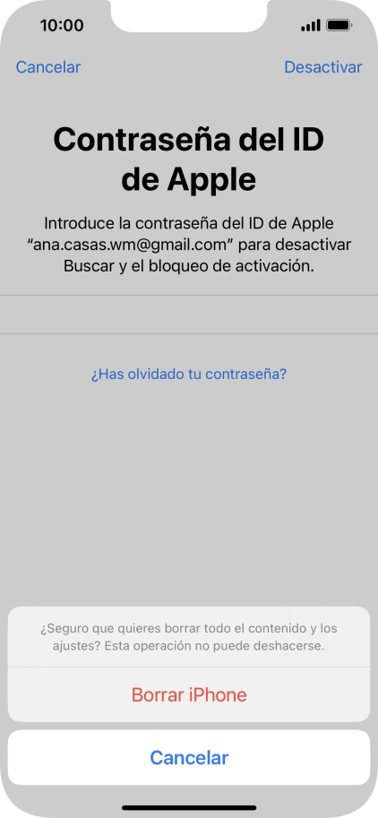 Introduce la contraseña de tu ID de Apple y pulsa Borrar iPhone. Espera unos instantes mientras el teléfono restablece la configuración predeterminada. Sigue las indicaciones de la pantalla para configurar el teléfono y dejarlo listo para su uso.