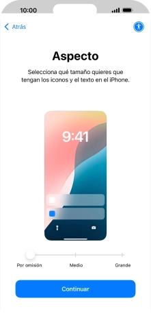 Selecciona el tamaño de letra y de los iconos que debe tener el teléfono y pulsa Continuar.