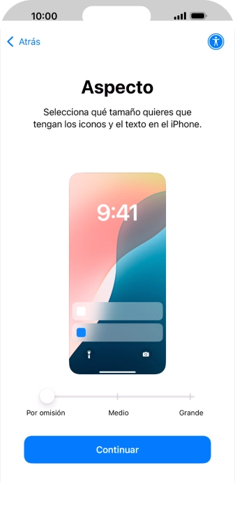 Selecciona el tamaño de letra y de los iconos que debe tener el teléfono y pulsa Continuar.
