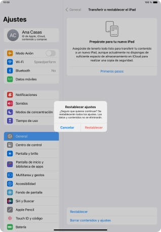 Pulsa Restablecer. Espera unos instantes mientras la tablet restablece la configuración predeterminada. Sigue las indicaciones de la pantalla para configurar la tablet y dejarla lista para su uso.