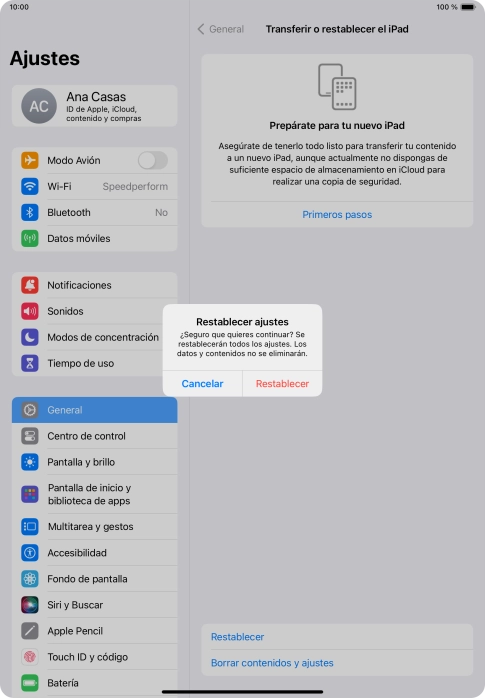 Pulsa Restablecer. Espera unos instantes mientras la tablet restablece la configuración predeterminada. Sigue las indicaciones de la pantalla para configurar la tablet y dejarla lista para su uso.