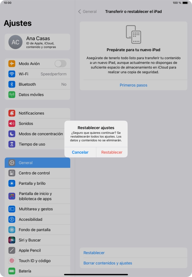 Pulsa Restablecer. Espera unos instantes mientras la tablet restablece la configuración predeterminada. Sigue las indicaciones de la pantalla para configurar la tablet y dejarla lista para su uso.