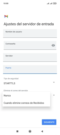 Pulsa Nunca para conservar los correos electrónicos en el servidor cuando los borras del teléfono.
