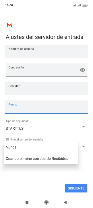 Pulsa Nunca para conservar los correos electrónicos en el servidor cuando los borras del teléfono.