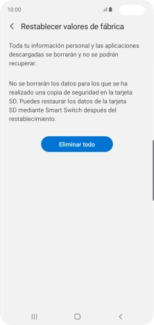 Pulsa Eliminar todo. Espera unos instantes mientras el teléfono restablece la configuración predeterminada. Sigue las indicaciones de la pantalla para configurar el teléfono y dejarlo listo para su uso.