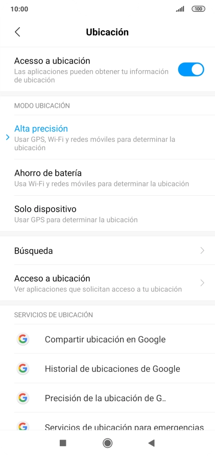 Si seleccionas Alta precisión, el teléfono podrá encontrar tu posición exacta con ayuda de los satélites GPS, la red móvil y una red wifi cercana. El GPS por satélite requiere vista libre al cielo.