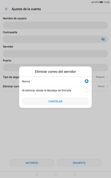 Pulsa Nunca para conservar los correos electrónicos en el servidor cuando los borras de la tablet.