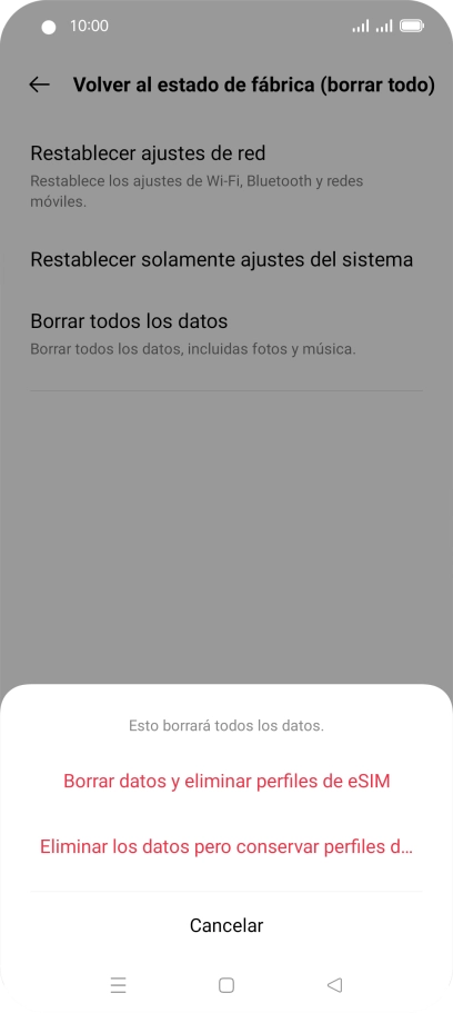 Pulsa Borrar datos y eliminar perfiles de eSIM.