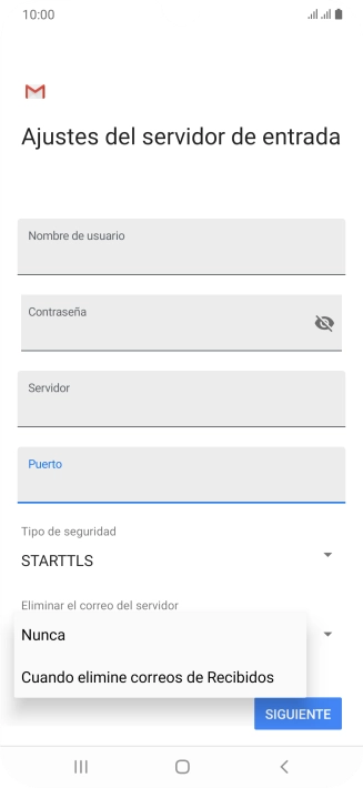 Pulsa Nunca para conservar los correos electrónicos en el servidor cuando los borras del teléfono.
