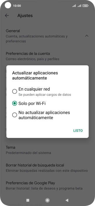 Para activar la actualización automática de apps utilizando la red móvil, pulsa En cualquier red.