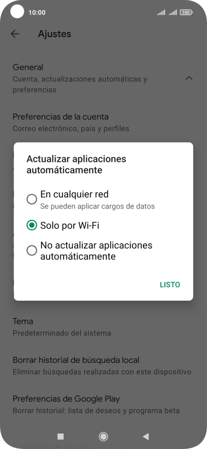 Para activar la actualización automática de apps utilizando la red móvil, pulsa En cualquier red.