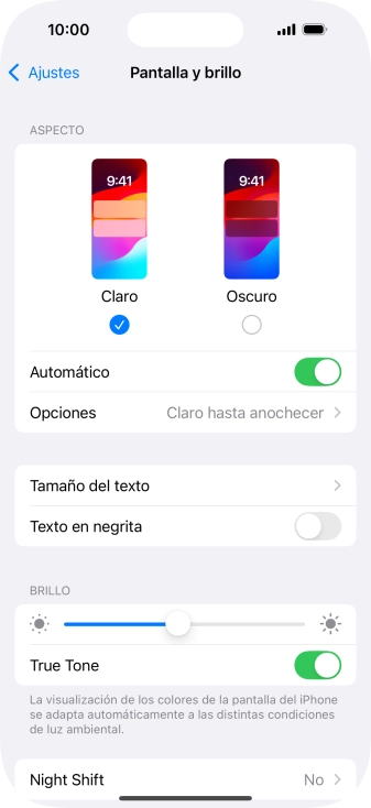 Si activas la función, pulsa Opciones y sigue las indicaciones de la pantalla para seleccionar el período de tiempo que debe durar el Modo Oscuro.