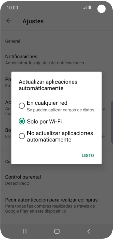 Para activar la actualización automática de apps utilizando la red móvil, pulsa En cualquier red. Se pueden aplicar cargos de datos.