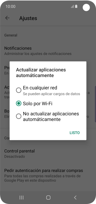Para activar la actualización automática de apps utilizando la red móvil, pulsa En cualquier red. Se pueden aplicar cargos de datos.