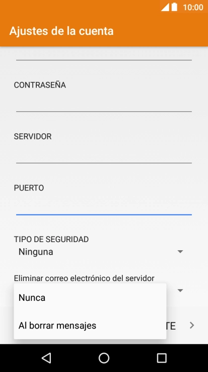 Pulsa Nunca para conservar los correos electrónicos en el servidor cuando los borras del teléfono.