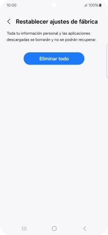 Pulsa Eliminar todo. Espera unos instantes mientras el teléfono restablece la configuración predeterminada. Sigue las indicaciones de la pantalla para configurar el teléfono y dejarlo listo para su uso.