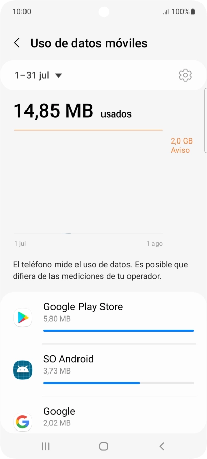 El consumo de datos por cada aplicación aparece bajo el nombre de la aplicación.
