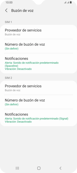 Pulsa Número de buzón de voz bajo la tarjeta SIM deseada.