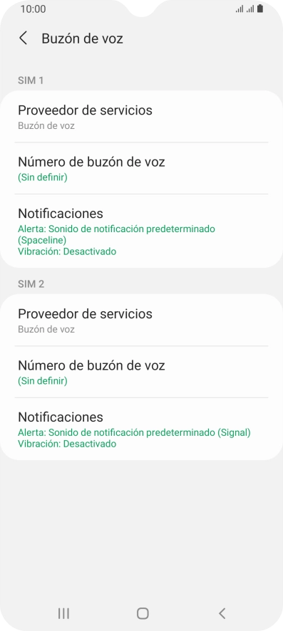Pulsa Número de buzón de voz bajo la tarjeta SIM deseada.