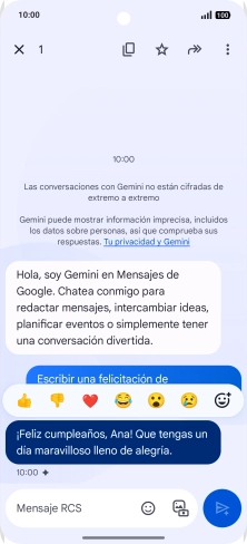 Pulsa la propuesta de texto de Gemini durante unos instantes. Sigue las indicaciones de la pantalla para utilizar el texto propuesto.