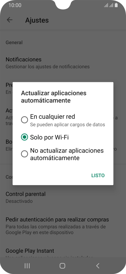 Para activar la actualización automática de apps utilizando la red móvil, pulsa En cualquier red.