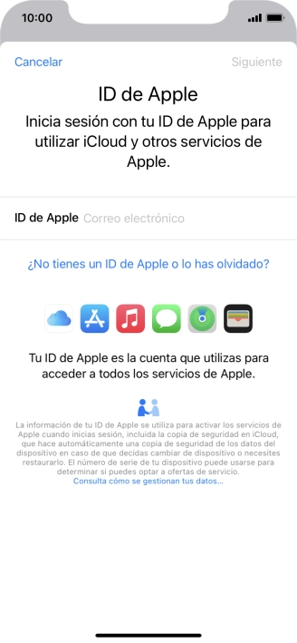 Si no tienes un ID de Apple, pulsa ¿No tienes un ID de Apple o lo has olvidado? y sigue las indicaciones de la pantalla para ver cómo crear un ID de Apple.
