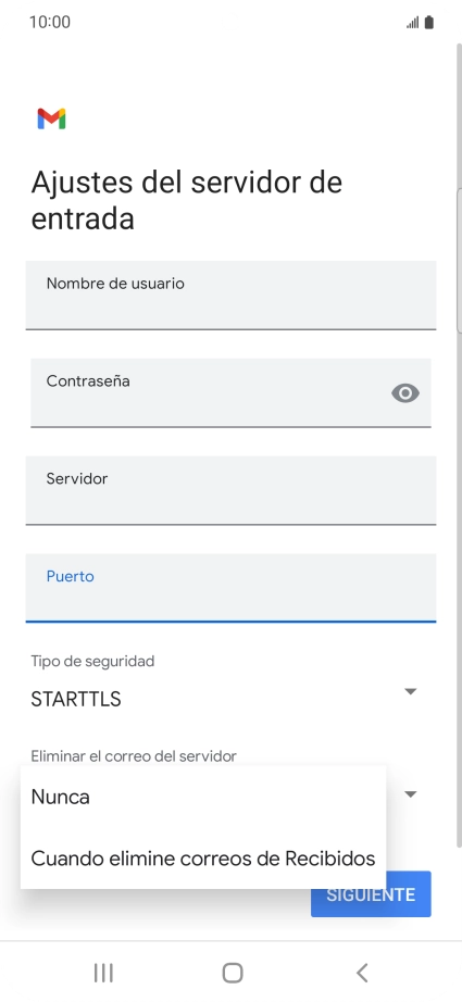 Pulsa Nunca para conservar los correos electrónicos en el servidor cuando los borras del teléfono.