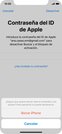 Introduce la contraseña de tu ID de Apple y pulsa Borrar iPhone. Espera unos instantes mientras el teléfono restablece la configuración predeterminada. Sigue las indicaciones de la pantalla para configurar el teléfono y dejarlo listo para su uso.