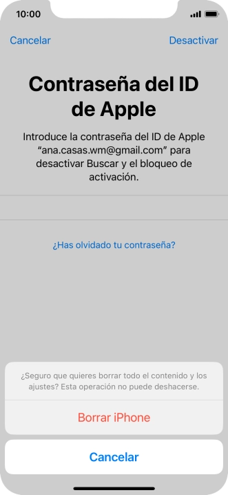 Introduce la contraseña de tu ID de Apple y pulsa Borrar iPhone. Espera unos instantes mientras el teléfono restablece la configuración predeterminada. Sigue las indicaciones de la pantalla para configurar el teléfono y dejarlo listo para su uso.