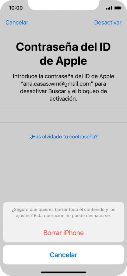Introduce la contraseña de tu ID de Apple y pulsa Borrar iPhone. Espera unos instantes mientras el teléfono restablece la configuración predeterminada. Sigue las indicaciones de la pantalla para configurar el teléfono y dejarlo listo para su uso.