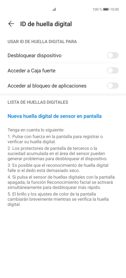 Pulsa Nueva huella digital de sensor en pantalla.