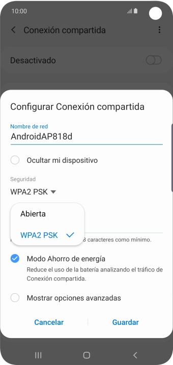 Pulsa WPA2 PSK para proteger la conexión wifi con una contraseña.