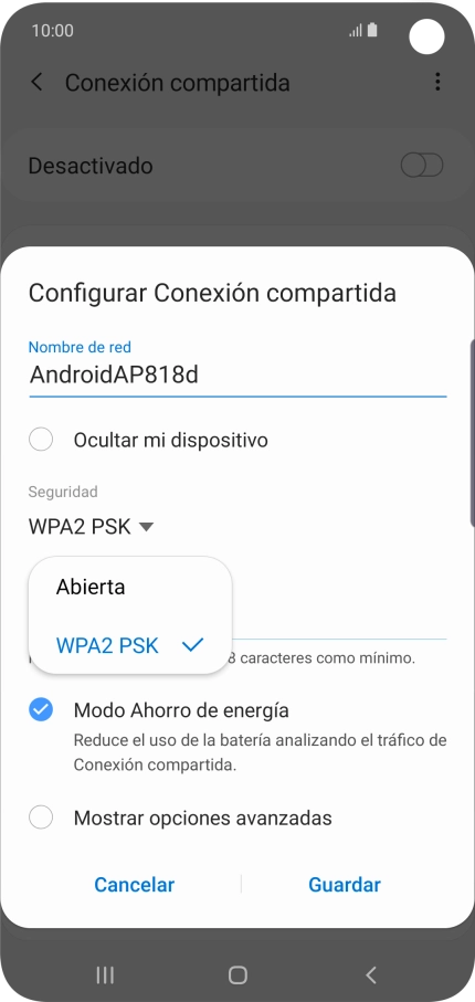 Pulsa WPA2 PSK para proteger la conexión wifi con una contraseña.