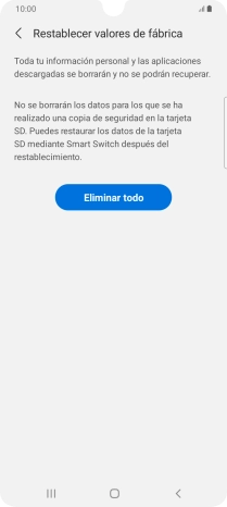 Pulsa Eliminar todo. Espera unos instantes mientras el teléfono restablece la configuración predeterminada. Sigue las indicaciones de la pantalla para configurar el teléfono y dejarlo listo para su uso.
