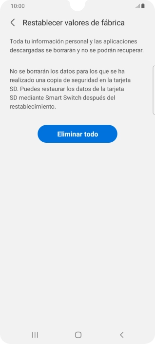 Pulsa Eliminar todo. Espera unos instantes mientras el teléfono restablece la configuración predeterminada. Sigue las indicaciones de la pantalla para configurar el teléfono y dejarlo listo para su uso.