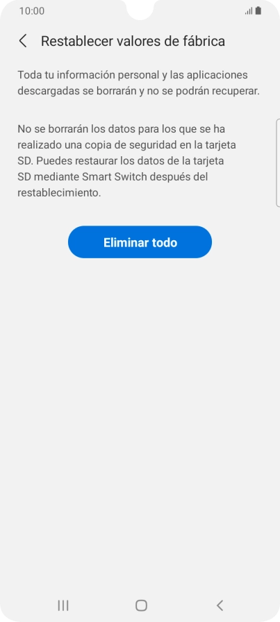 Pulsa Eliminar todo. Espera unos instantes mientras el teléfono restablece la configuración predeterminada. Sigue las indicaciones de la pantalla para configurar el teléfono y dejarlo listo para su uso.