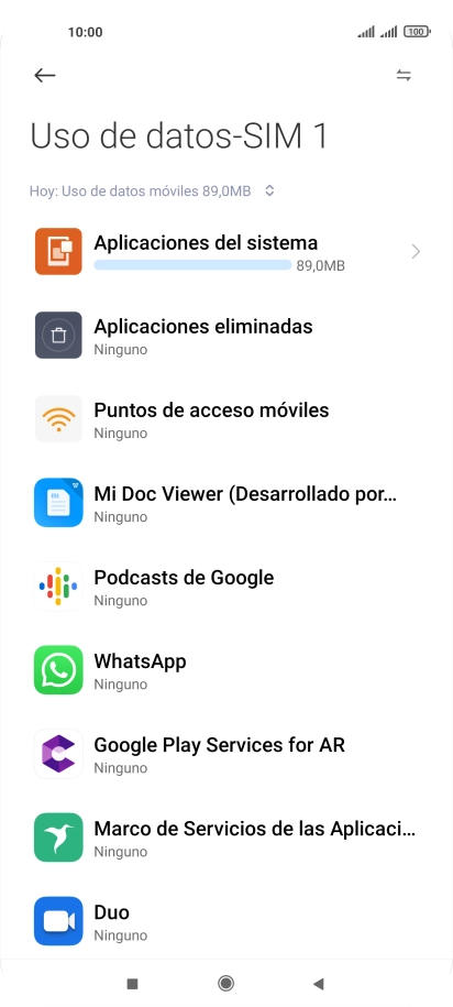 El consumo de datos por cada aplicación aparece bajo el nombre de la aplicación.