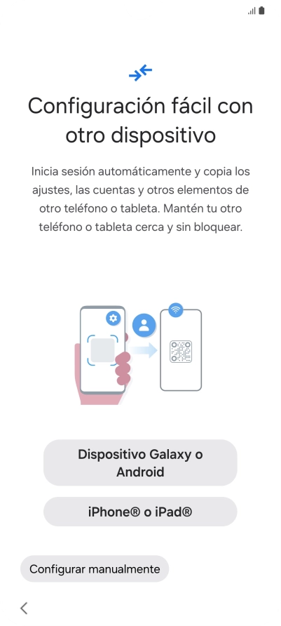 Pulsa la opción deseada para transferir contenido desde otro dispositivo y pulsa Configurar manualmente.