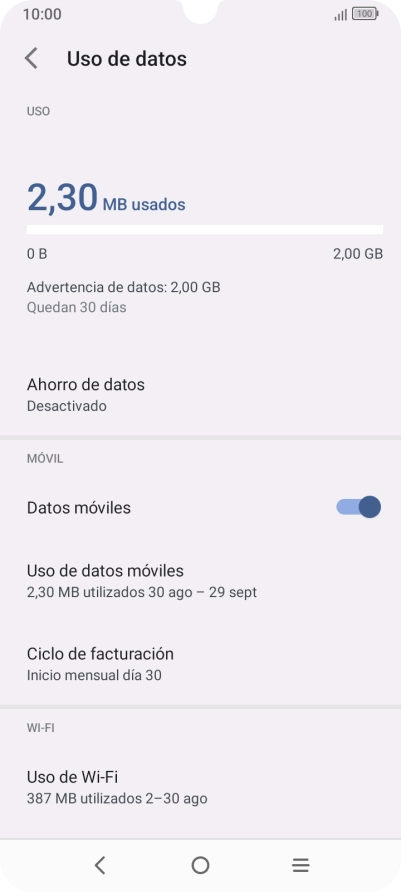 El consumo total de datos se visualiza ahora en la pantalla.
