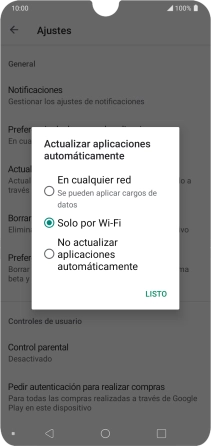 Para activar la actualización automática de apps utilizando la red móvil, pulsa En cualquier red.