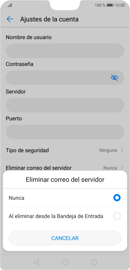 Pulsa Nunca para conservar los correos electrónicos en el servidor cuando los borras del teléfono.