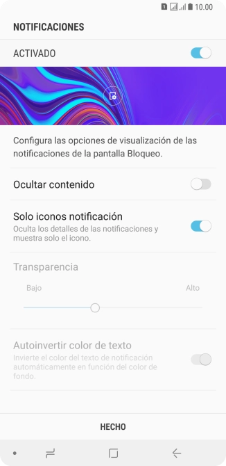 Pulsa el indicador junto a los ajustes deseado para activarlos o desactivarlos.