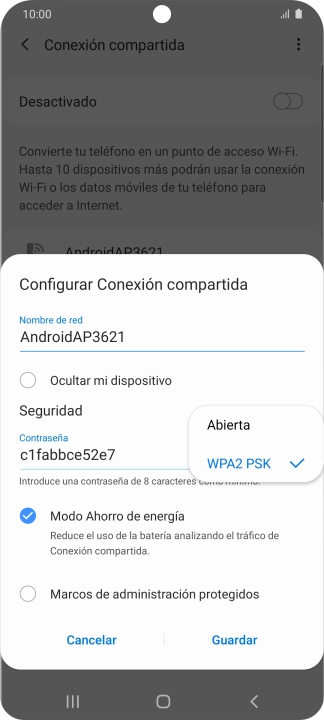 Pulsa WPA2 PSK para proteger la conexión wifi con una contraseña.
