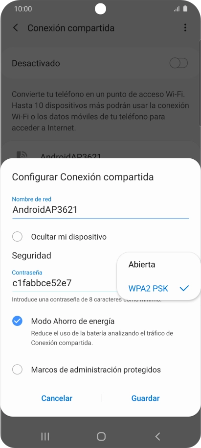Pulsa WPA2 PSK para proteger la conexión wifi con una contraseña.