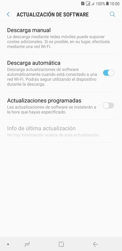 Pulsa Descarga manual. Si hay una versión de software nueva disponible, aparecerá ahora en la pantalla. Sigue las indicaciones de la pantalla para actualizar el software del teléfono.
