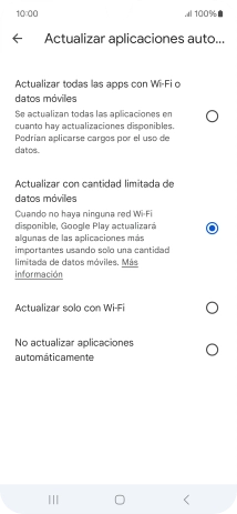 Para activar la actualización automática de apps utilizando la red móvil, pulsa Actualizar todas las apps con Wi-Fi o datos móviles.