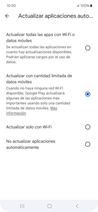 Para activar la actualización automática de apps utilizando la red móvil, pulsa Actualizar todas las apps con Wi-Fi o datos móviles.
