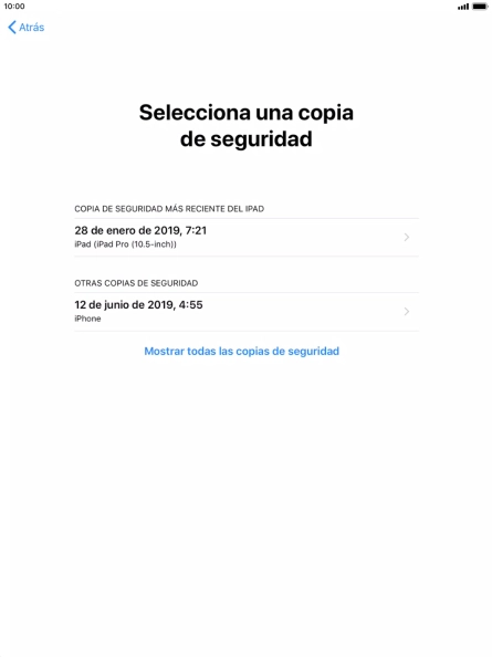 Pulsa la copia de seguridad deseada y espera mientras la tablet restaura el contenido anterior de la copia de seguridad seleccionada. Sigue a continuación las indicaciones de la pantalla para configurar la tablet y dejarla lista para su uso.
