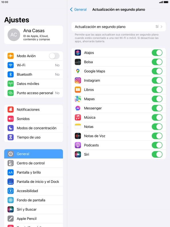 Pulsa Actualización en segundo plano.