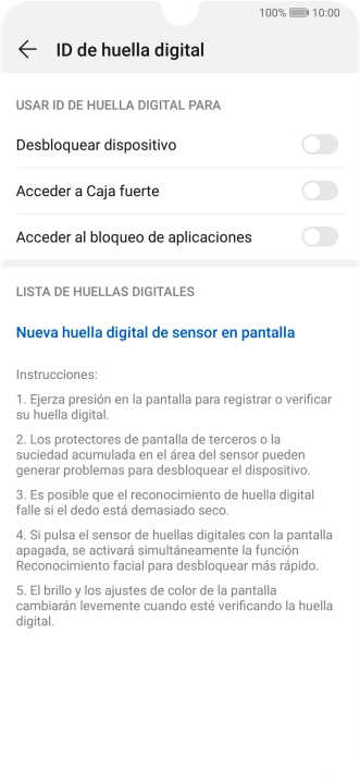 Pulsa Nueva huella digital de sensor en pantalla.